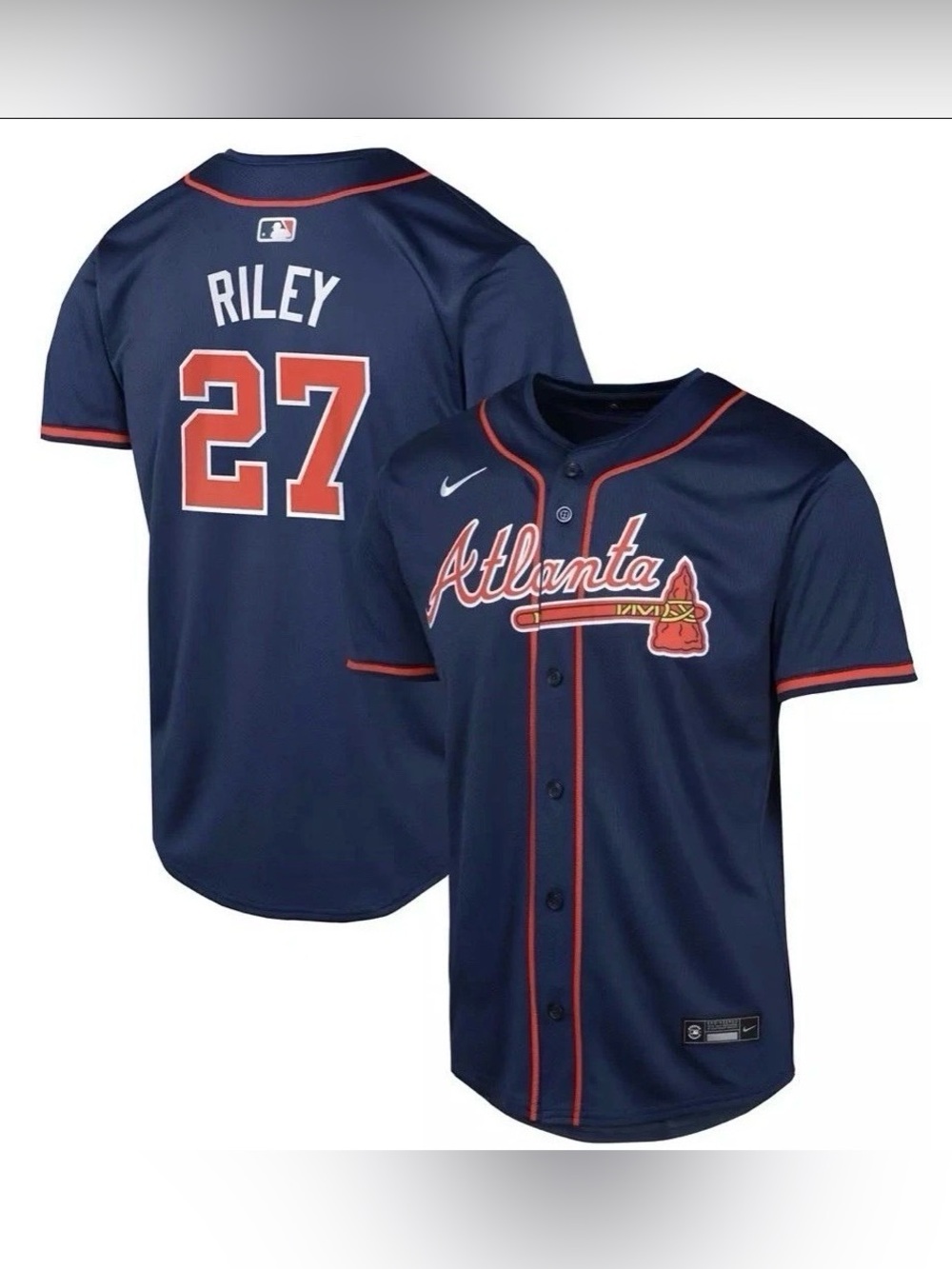 Nike Youth Atlanta Braves Navy and Red Riley #27 Baseball Jersey